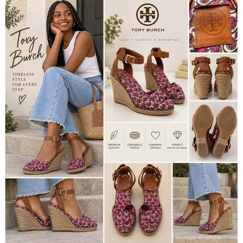 Tory Burch Espadrille Wedge Sandals Womens 8B Pink Tan Good Leather Canvas Spain